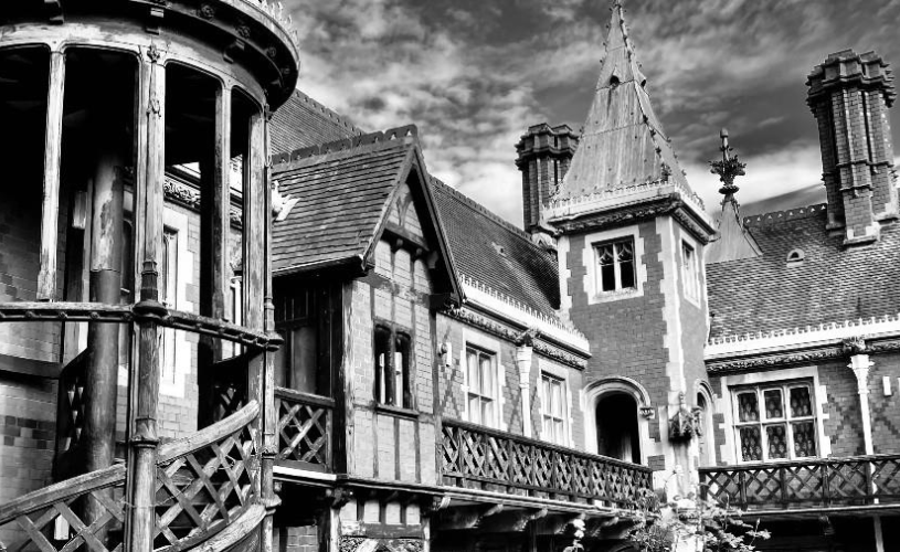 Black and white image of the Fosters Almshouses in central Bristol - credit Haunted & Hidden Bristol