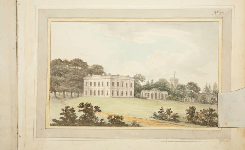 Historical watercolour image showing the Blaise Castle House and the orangery 