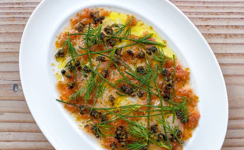 Cured wild bream, winter tomatoes, agretti, crispy capers, bottarga at COR in Bedminster, South Bristol - credit COR
