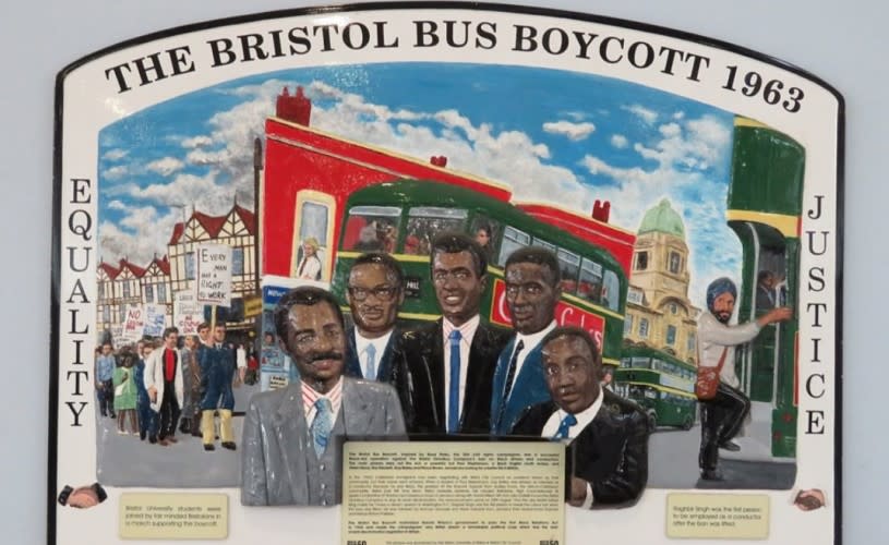 A plaque commemorating the Bristol Bus Boycott of 1963 on display at Bristol Bus & Coach Station