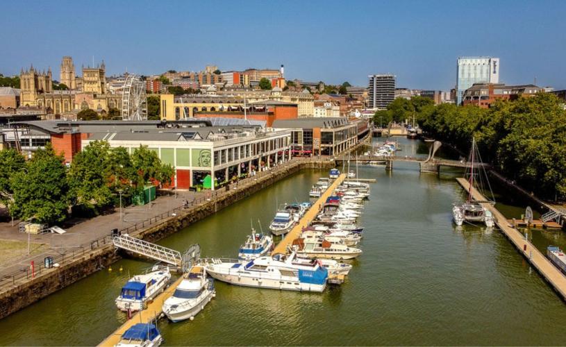 A view of Broad Quay on Bristol's Harbourside looking towards the city centre