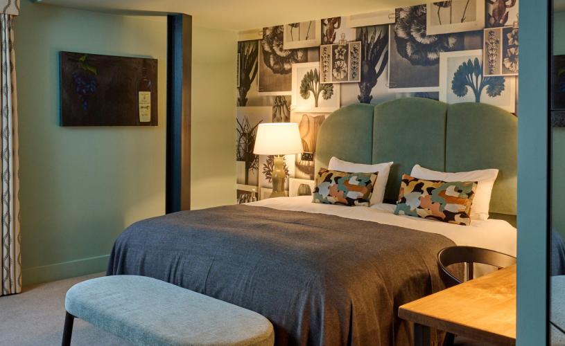 Bedroom with blue walls and large bed at Hotel Du Vin in central Bristol - credit Hotel Du Vin