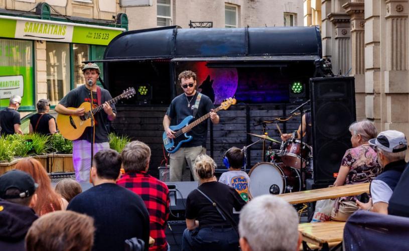 Band performing on St Nicholas Street as part of Old City Sounds 2024 in Bristol - Credit Julian Preece / Bristol City Centre BID
