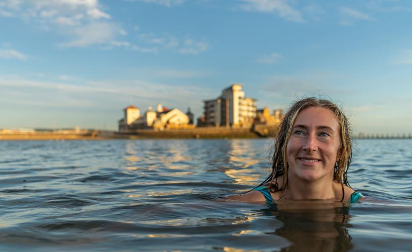 Woman swimming in the Marine Lake in Weston-super-Mare near Bristol - credit Visit West