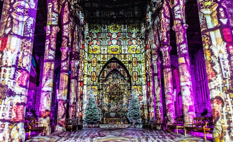 Interior of Bristol Cathedral during the Luxmuralis light installation - credit Bristol Cathedral