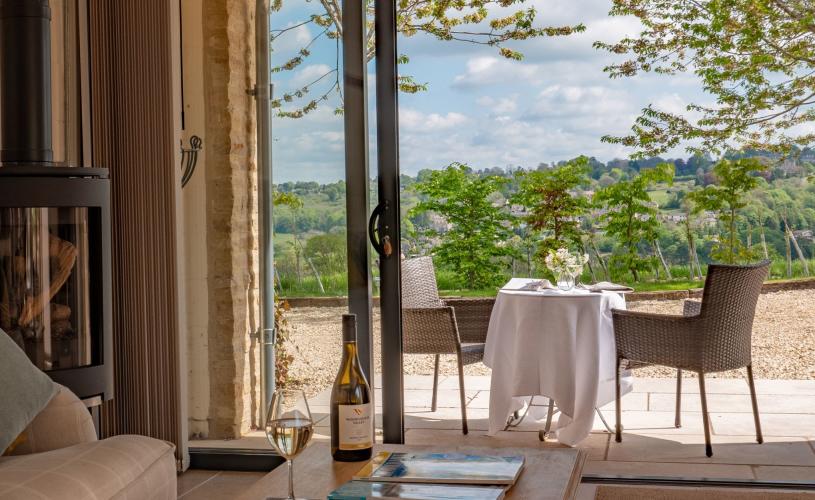 View from inside cottage looking over countryside - Credit Woodchester Valley Vineyard