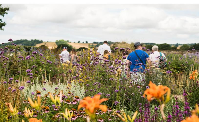 People walking among flowers in Yeo Valley Organic garden, North Somerset - credit Yeo Valley