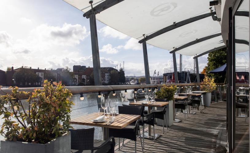 Upstairs balcony overlooking harbour at Riverstation restaurant in Bristol - credit Riverstation