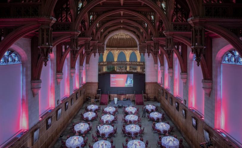 Great Hall in Wills Memorial Building set up for dinner