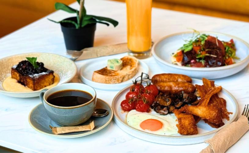 Selection of brunch dishes, coffee and juice at Colonnade in central Bristol - credit Colonnade