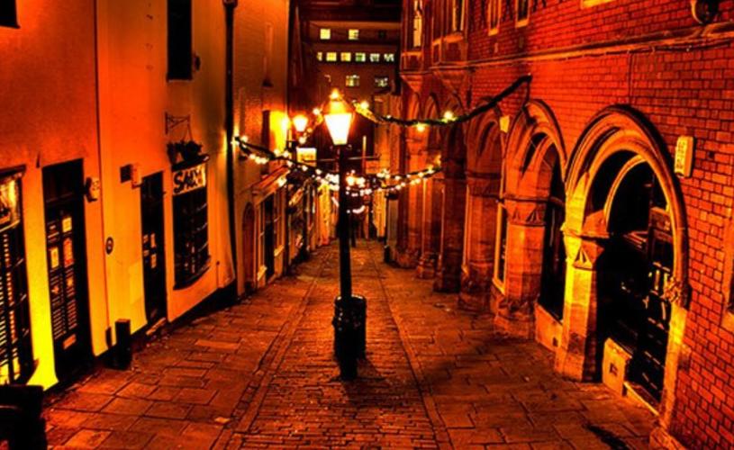 A view of Christmas Steps in central Bristol at night