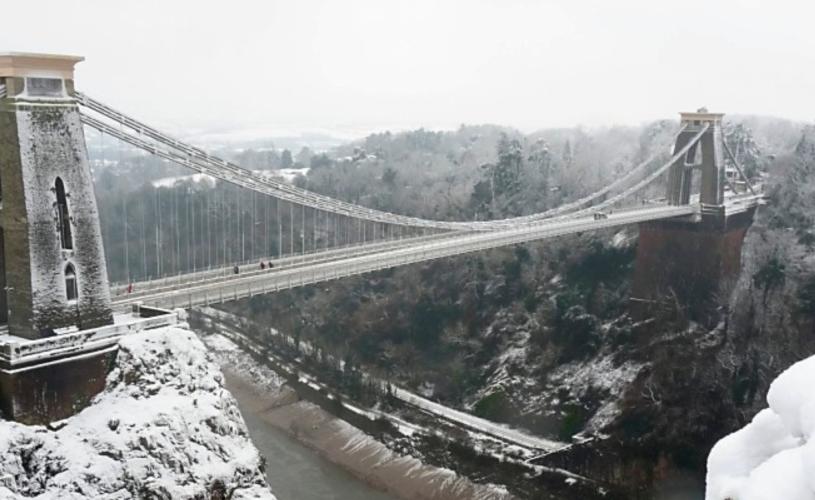 A view of the Clifton Suspension Bridge in West Bristol covered in snow, looking towards the Abbots Leigh area - credit Angharad Paull