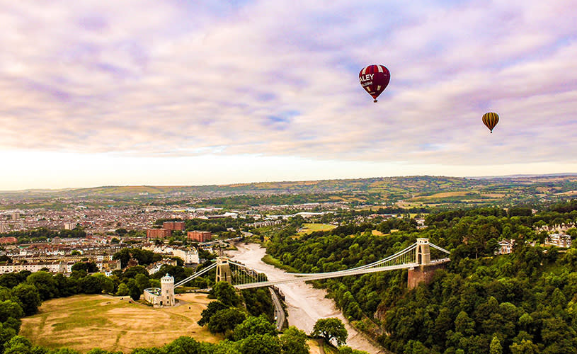 Clifton Suspension Bridge, hot air balloons and Observatory from above - credit Angharad Paull