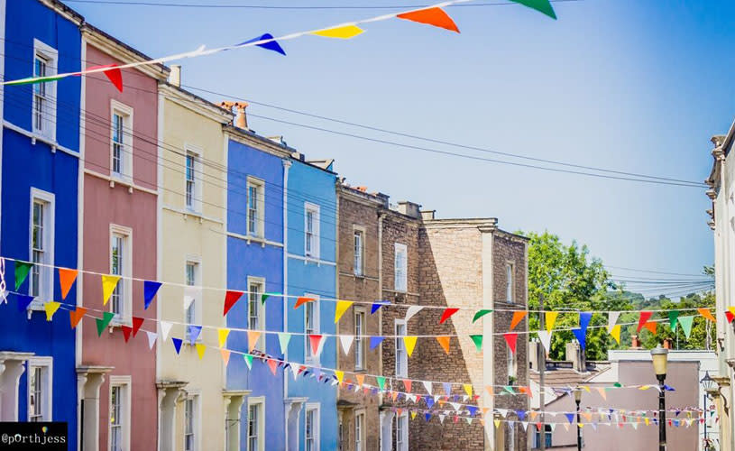 Colourful houses and bunting along Cliftonwood Crescent in Cliftonwood - credit Jess Siggers