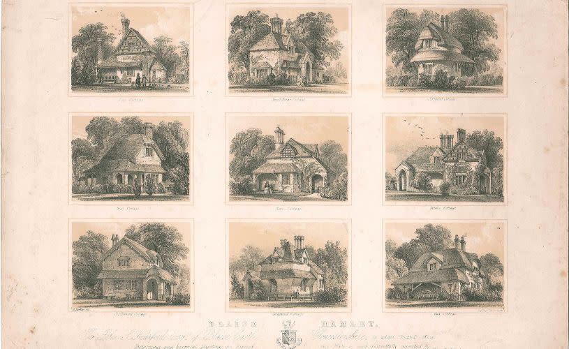 Historical image showing sketches of 9 different cottages each with a thatched rood and a chimney. 