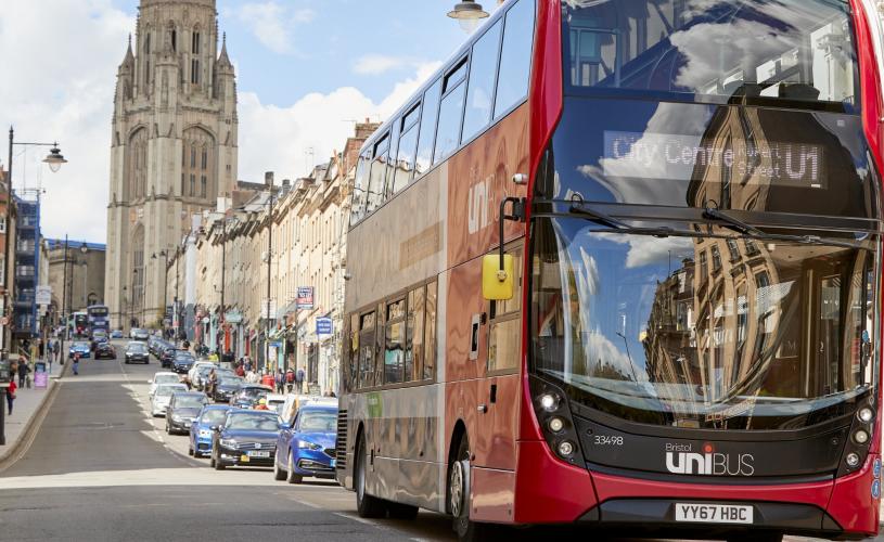 A red U1 Uni Bus at the bottom of Park Street - Credit First Bus