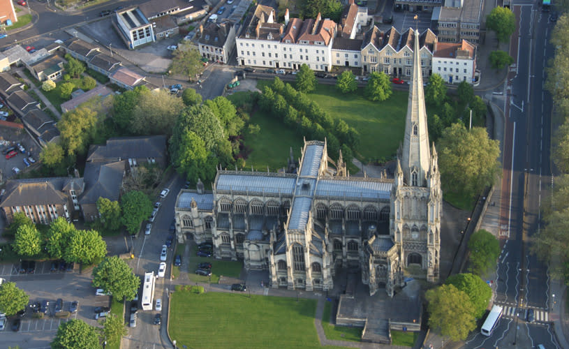 Aerial view of the exterior of St Mary Redcliffe Church, Bristol