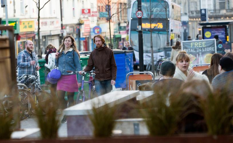 People sitting outside on the terrace at The Gallimaufry on Gloucester Road, Bristol - credit Paul Box