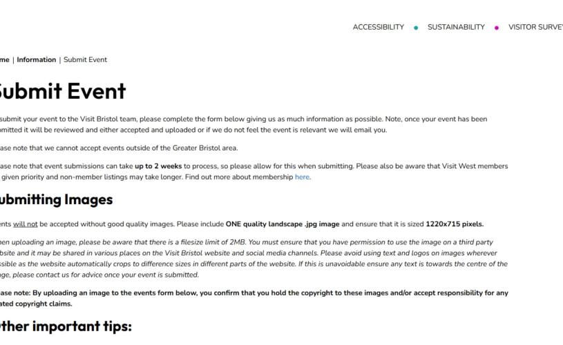Screenshot of Visit Bristol events form - credit Visit West