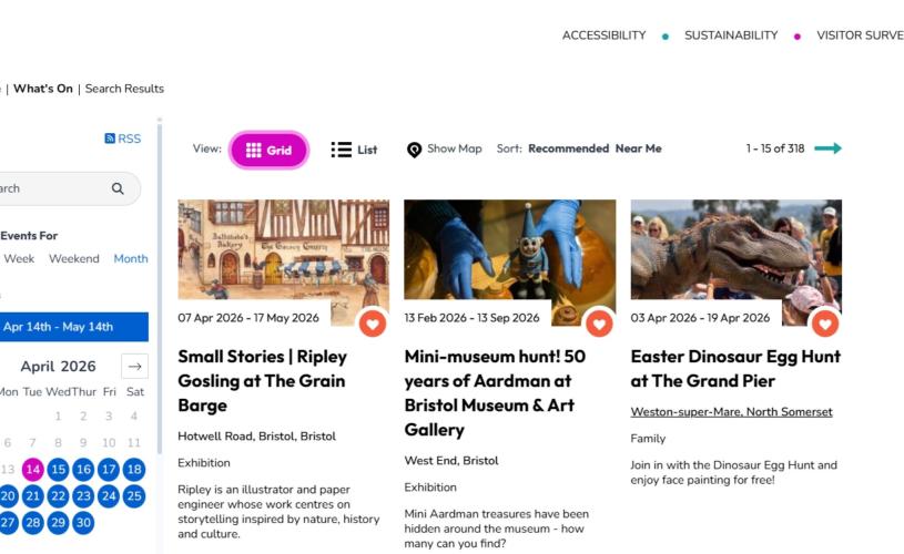Screenshot of events on website