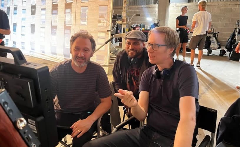 Outlaws Season 3 - Michael Jenkins (centre) with Directors Stephen Merchant (R) & Curtis Vowell (L) - image courtesy Big Talk Studios