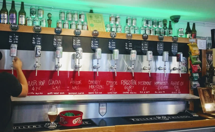 Taps behind bar at Moor Beer brewery taproom - credit Bristol Hoppers