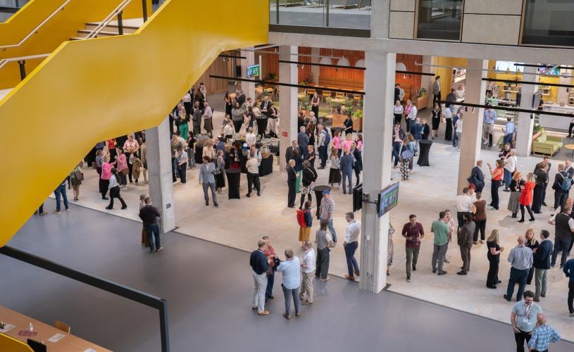A large yellow staircase above a large open space