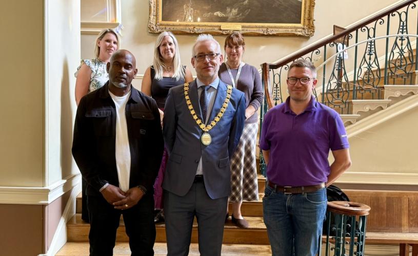 Photo: Back row L-R: George Clutten, Town Clerk at Radstock Town Council; Toni Green, Project Manager at 3SG; Ghika Savva, Student Community Partnership Manager. Front row L-R: Rod Dixon, Beryl Dixon’s son, Councillor Shaun Stephenson-McGall, Council Chair; Andrew Donavon, Partnership Manager at Everyone Health