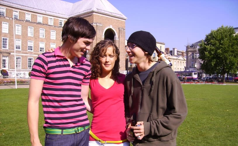 Nicholas Hoult as Tony Stonem, April Pearson as Michelle Richardson, and Mike Bailey as Sid Jenkins in Skins series 1 - credit Company Pictures, Storm Dog Films and All3Media International