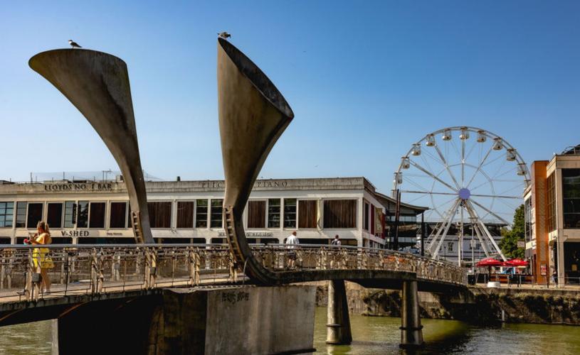 A wide shot of Pero's Bridge on Bristol's Harbourside during the day
