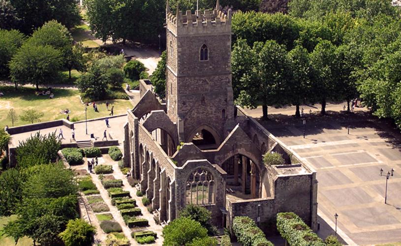 An aerial view of Castle Park and St Peter's Church in central Bristol - credit Visit West