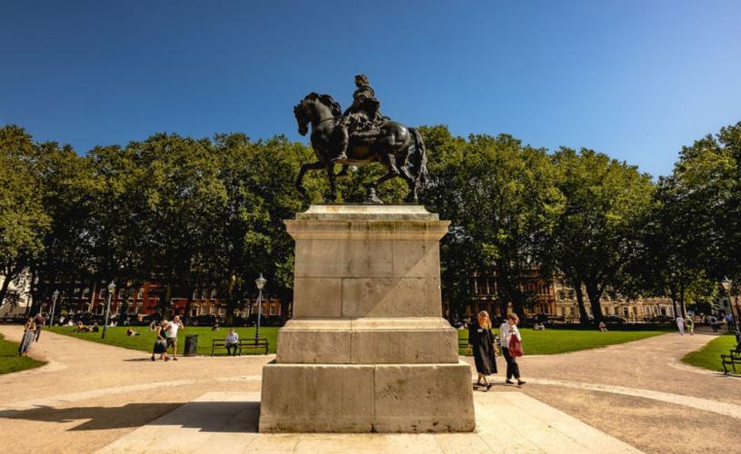 A view of the statue in the centre of Queen Square in central Bristol