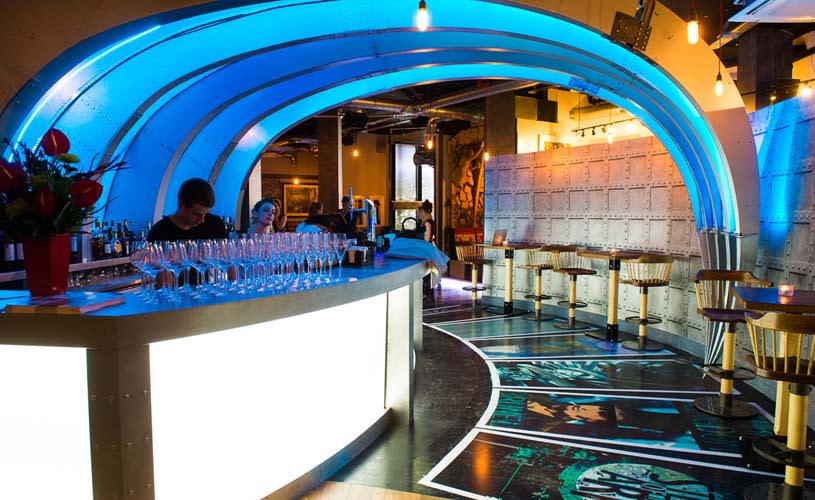 Bright bar interior with arch