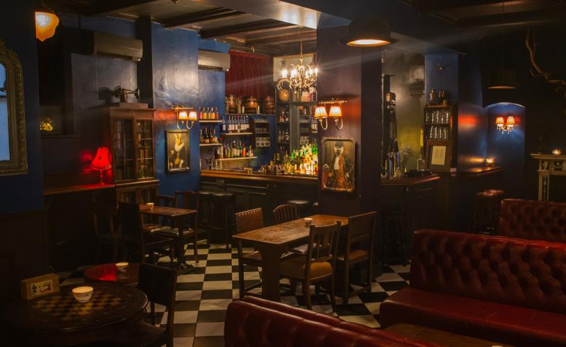 Interior of bar in low light