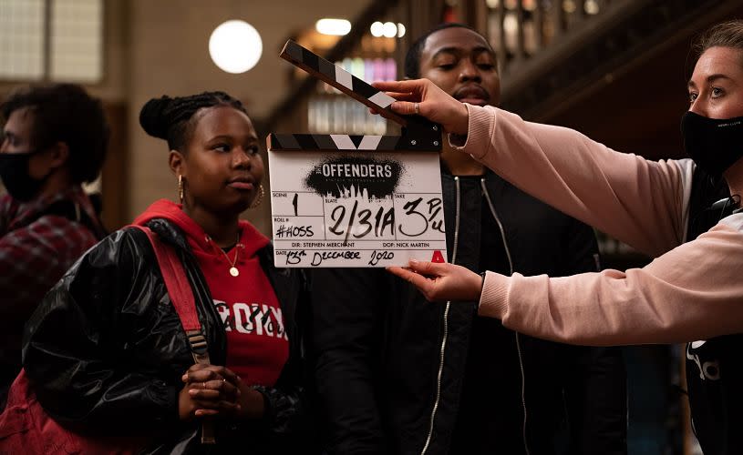 Gamba Cole & Aiyana Goodfellow filming season 1 of The Outlaws (2021) at the University of Bristol - credit BBC, Amazon Studios, Big Talk, and Four Eyes