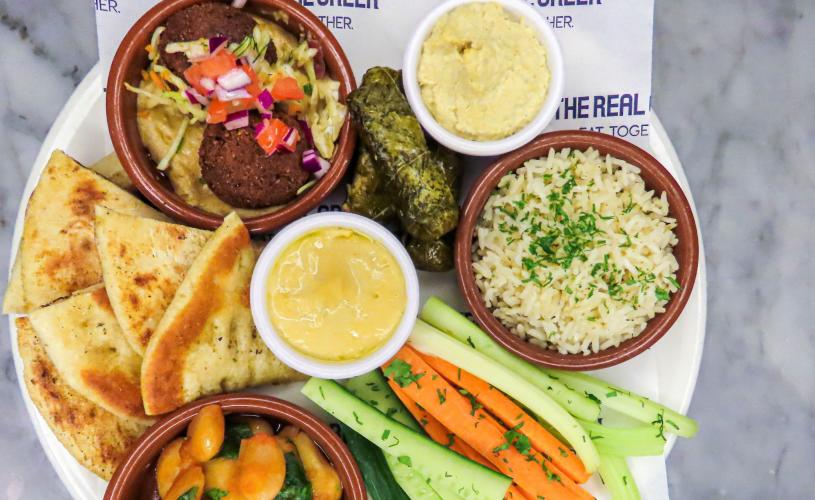 The Real Greek Vegan Plate -Falafel, Dolmades, Gigandes with Spinach