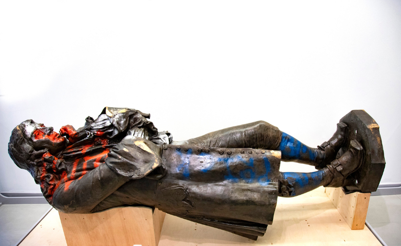 The Edward Colston statue lying in situ at the M Shed local history museum in Bristol - credit CB Bristol Design 2021