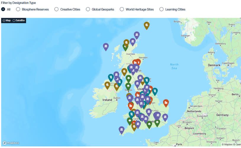 A map showing all the UNESCO sites in the UK