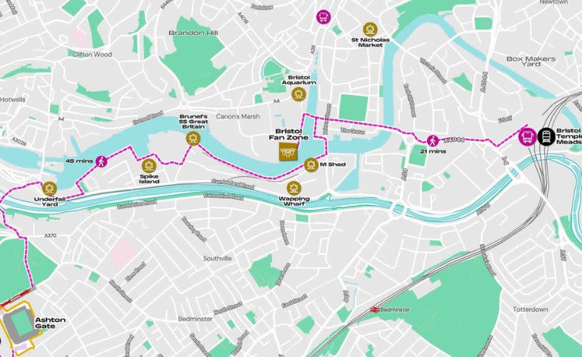 Women's Rugby World Cup 2025 Bristol walking map - credit Rugby World Cup