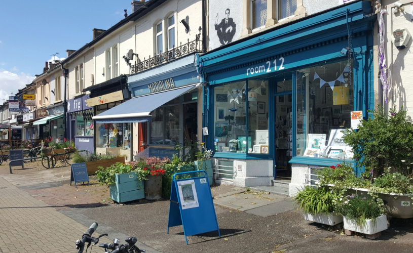 Shop fronts on the Pigsty Hill section of Gloucester Road in North Bristol