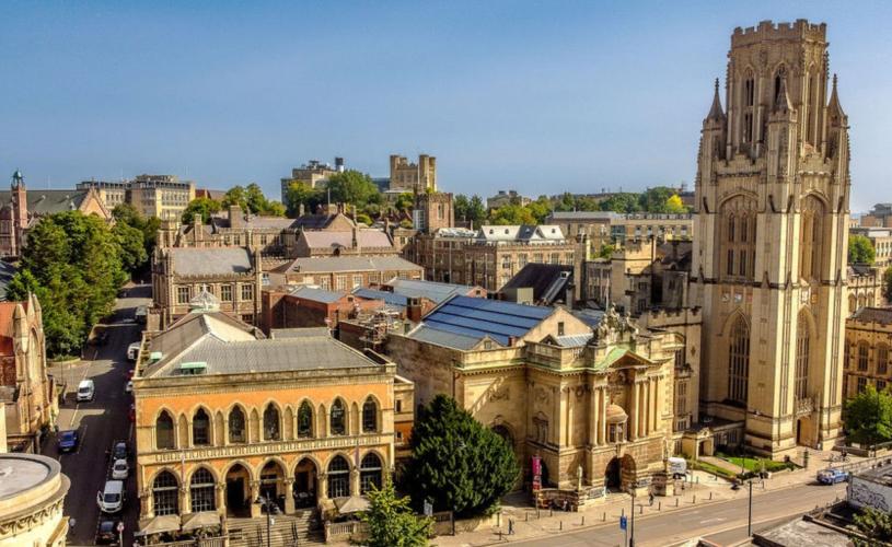 An aerial view of the Wills Memorial Building and Bristol Museum at the top of Park Street in central Bristol