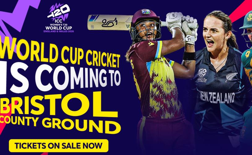 ICC Women’s T20 World Cup 2026 at Bristol County Ground poster: text on gthe image:T20 logo'WORLD CUP CRICKET IS COMING TO BRISTOL COUNTRY GROUND' TICKETS ON SALE NOWThree cricket players