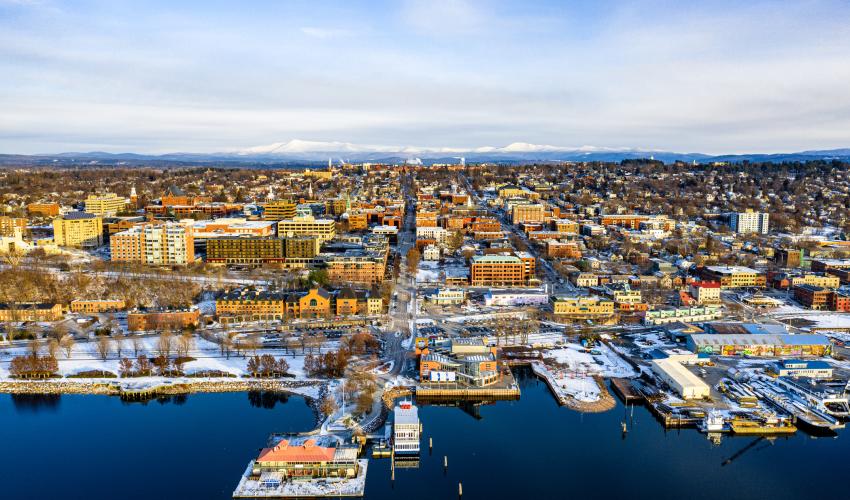 Burlington, VT in the winter from above, overlooking downtown Burlington and Lake Champlain in the Winter