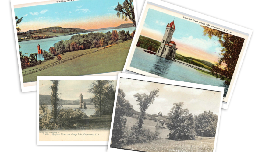 Vintage postcards of Kingfisher Tower on Otsego Lake, Cooperstown, New York