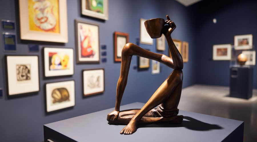 Installation view at The Hepworth Wakefield © David Lindsay 2022 - photosbydavid.co.uk Artwork in foreground: Frederick Edward McWilliam, The Left Handed Tea Drinker, 1981, bronze. The Sherwin Collection, Leeds, UK. By kind permission of the Estate of F E McWilliam.
