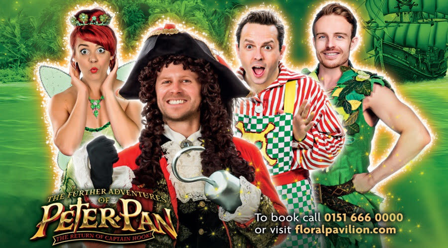 Peter Pan cast including Captain Hook and Tinkerbell in front of a green background.