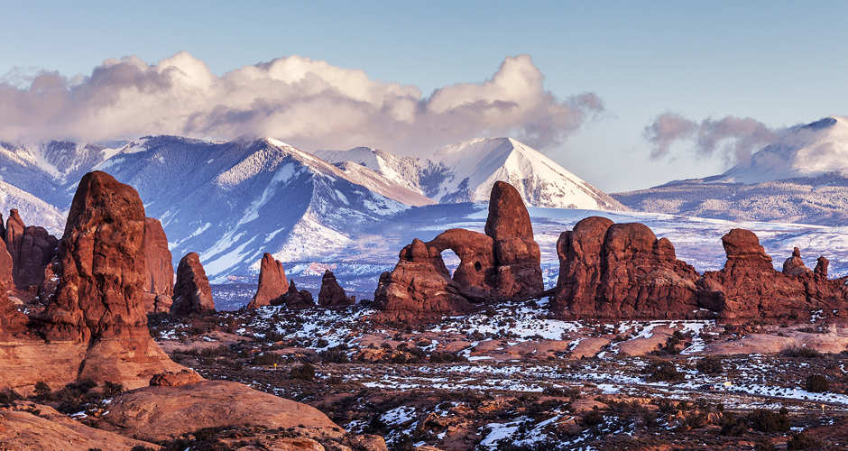 View of Turret Arch in Winter in Arches National Park