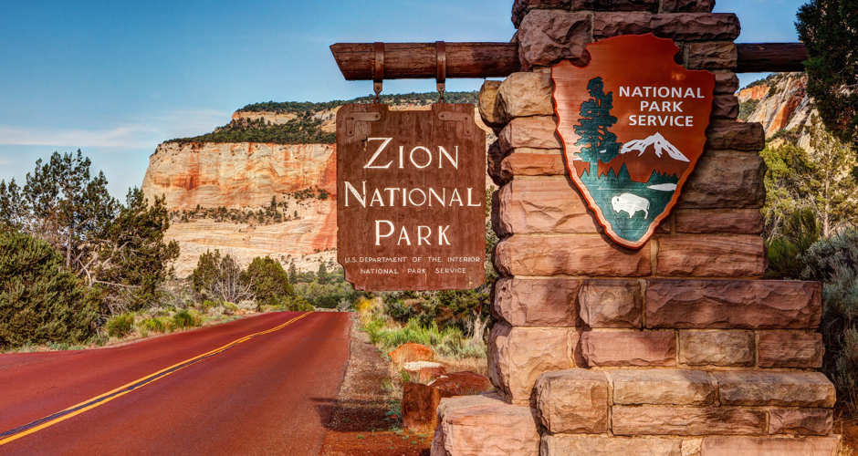 Zion National Park Welcome Sign at Park Entrance