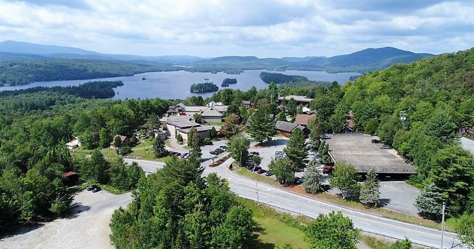 Aerial view of the museum, lake and mountains