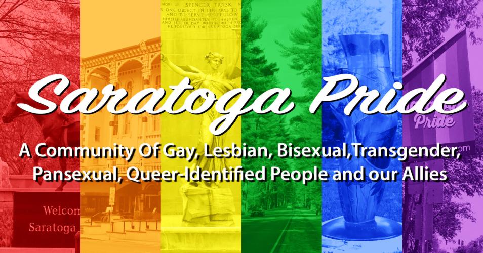 Rainbow flag with Saratoga Pride printed across it